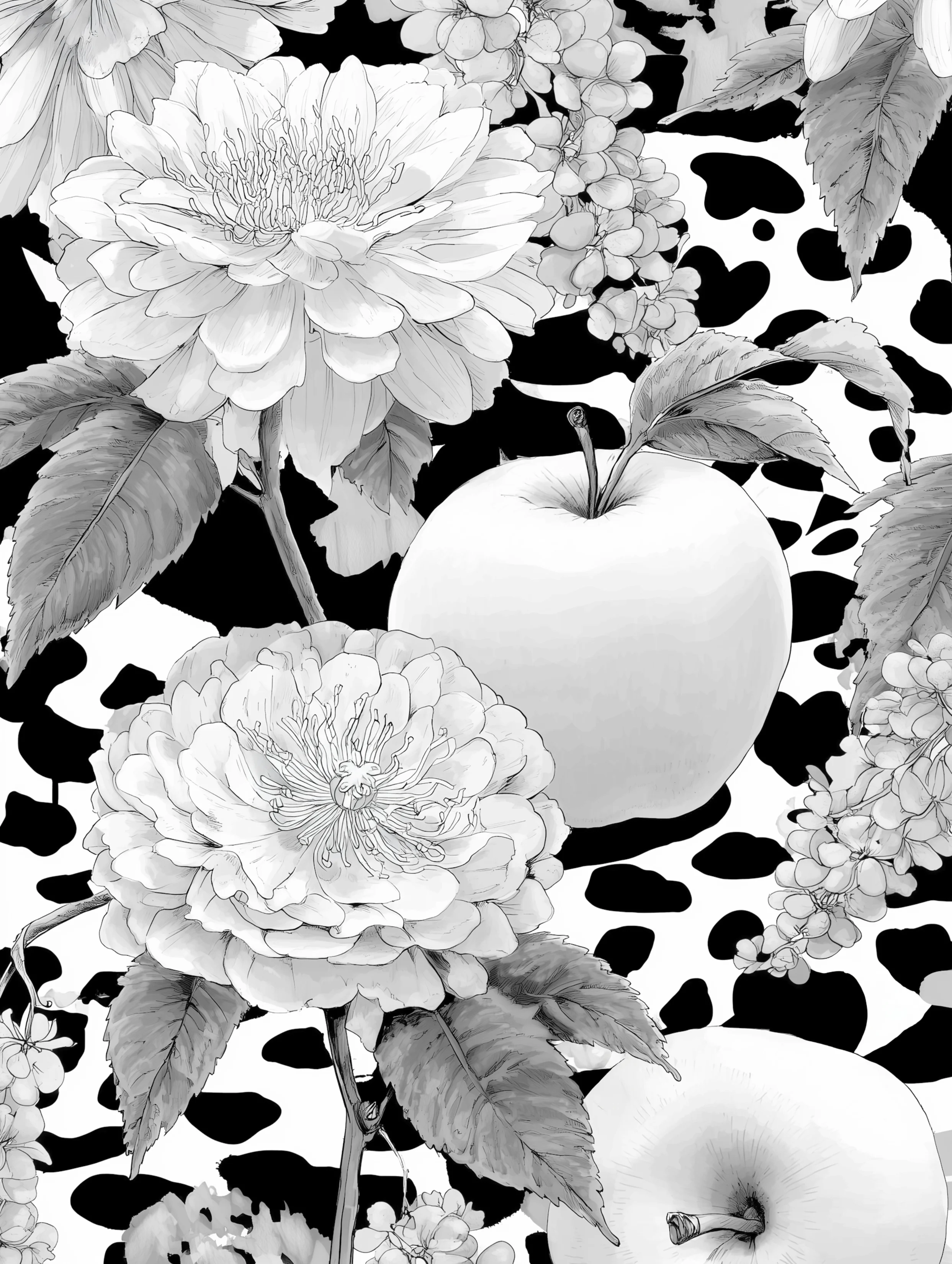 Free printable apple coloring page for adults featuring apples near flowers